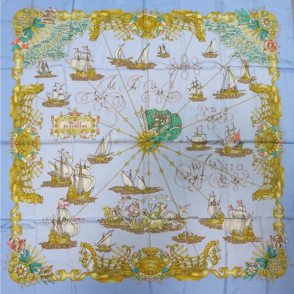 Hermes Gold And Blue Nautical Silk Scarf